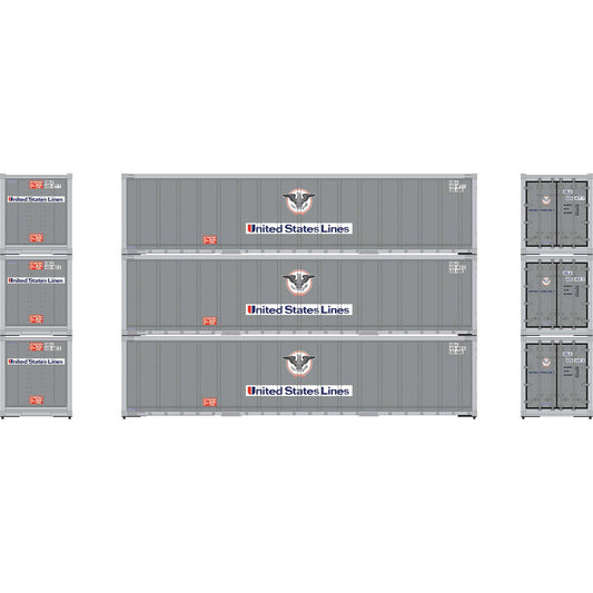 Athearn ATH63390 HO 40' Smooth Side Container, United States Lines 3pk
