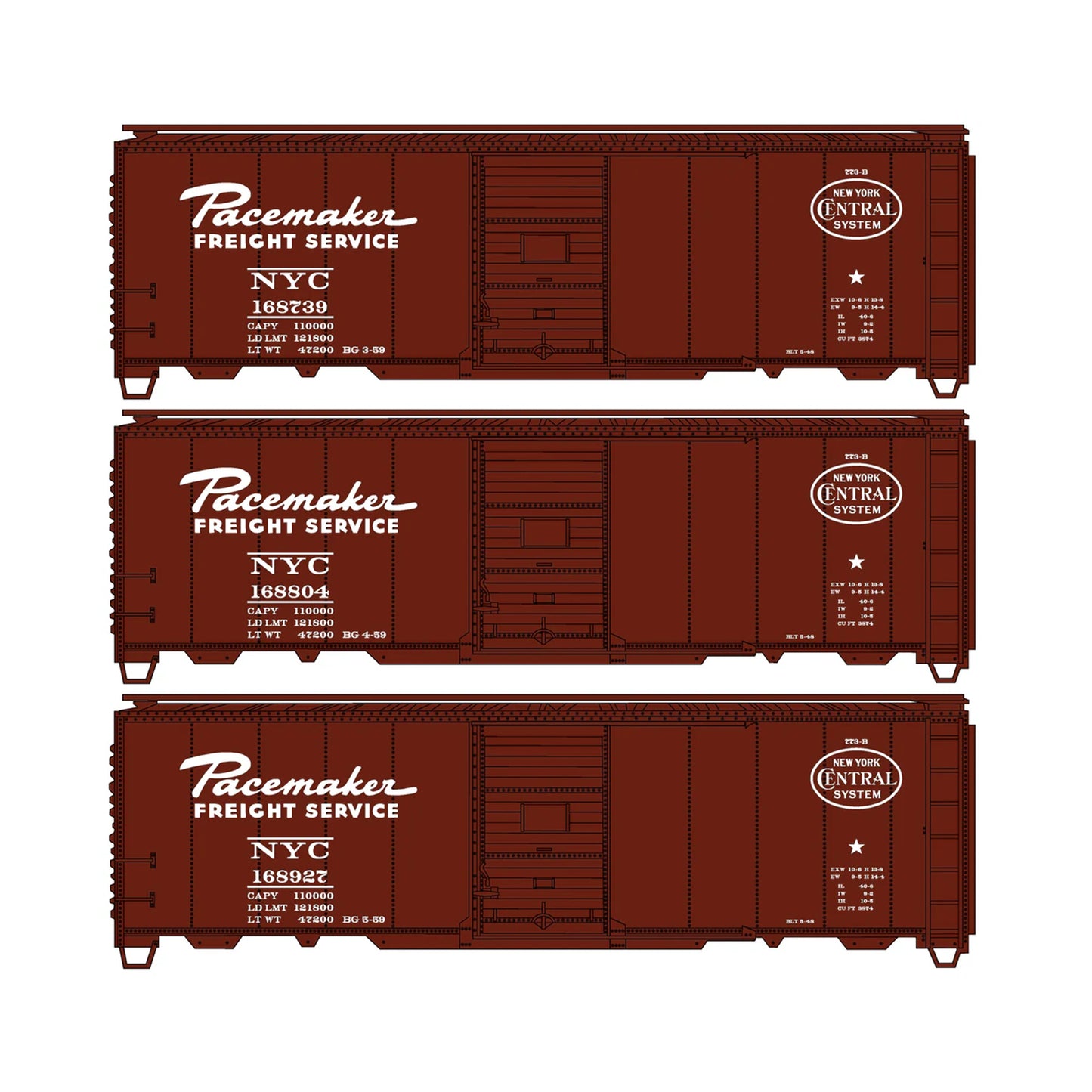 Accurail 8191 HO 40' Steel Boxcar, New York Central "Pacemaker" 3-Car Set (#168739, 168804, 168927)