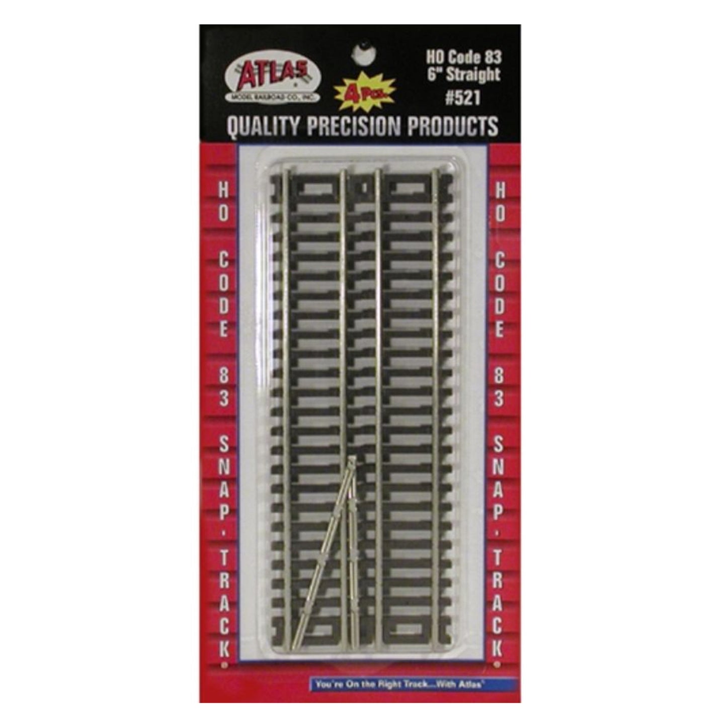 Atlas HO 521 Snap-Track 6" Straight, Code 83 Nickel Silver 4pk