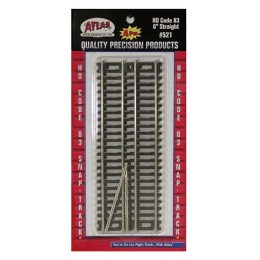 Atlas HO 521 Snap-Track 6" Straight, Code 83 Nickel Silver 4pk