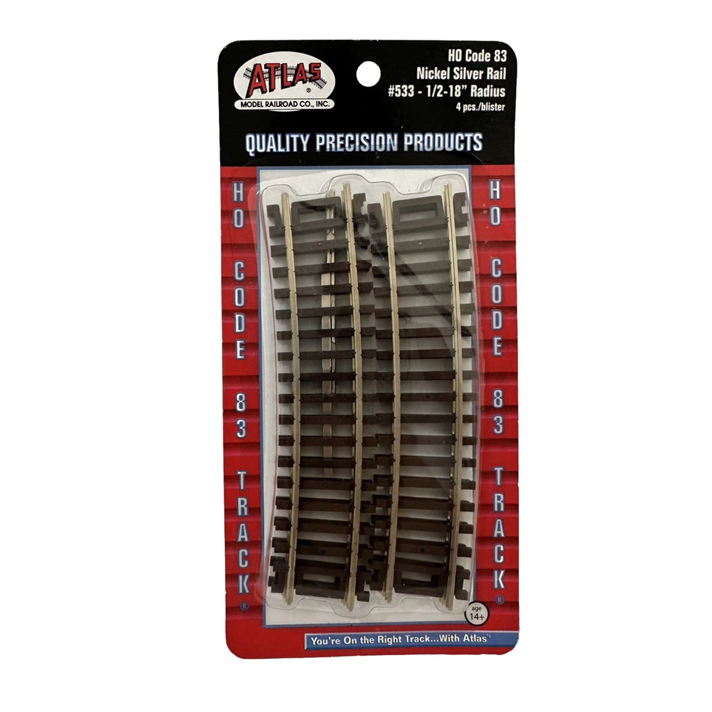Atlas HO 533 Snap-Track 18" Radius Curve Half Segment, Code 83 Nickel Silver 4pk