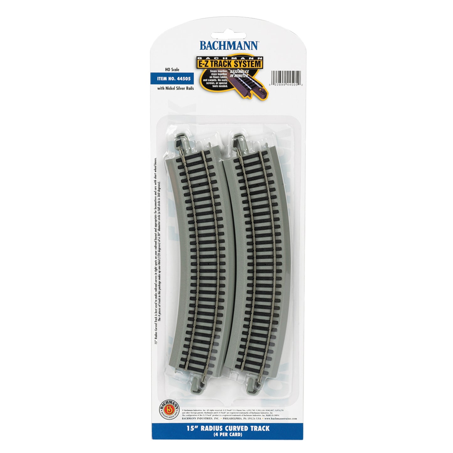 Bachmann 44505 HO E-Z Track 15" Radius Curved Track, Code 100 Nickel Silver 4pk