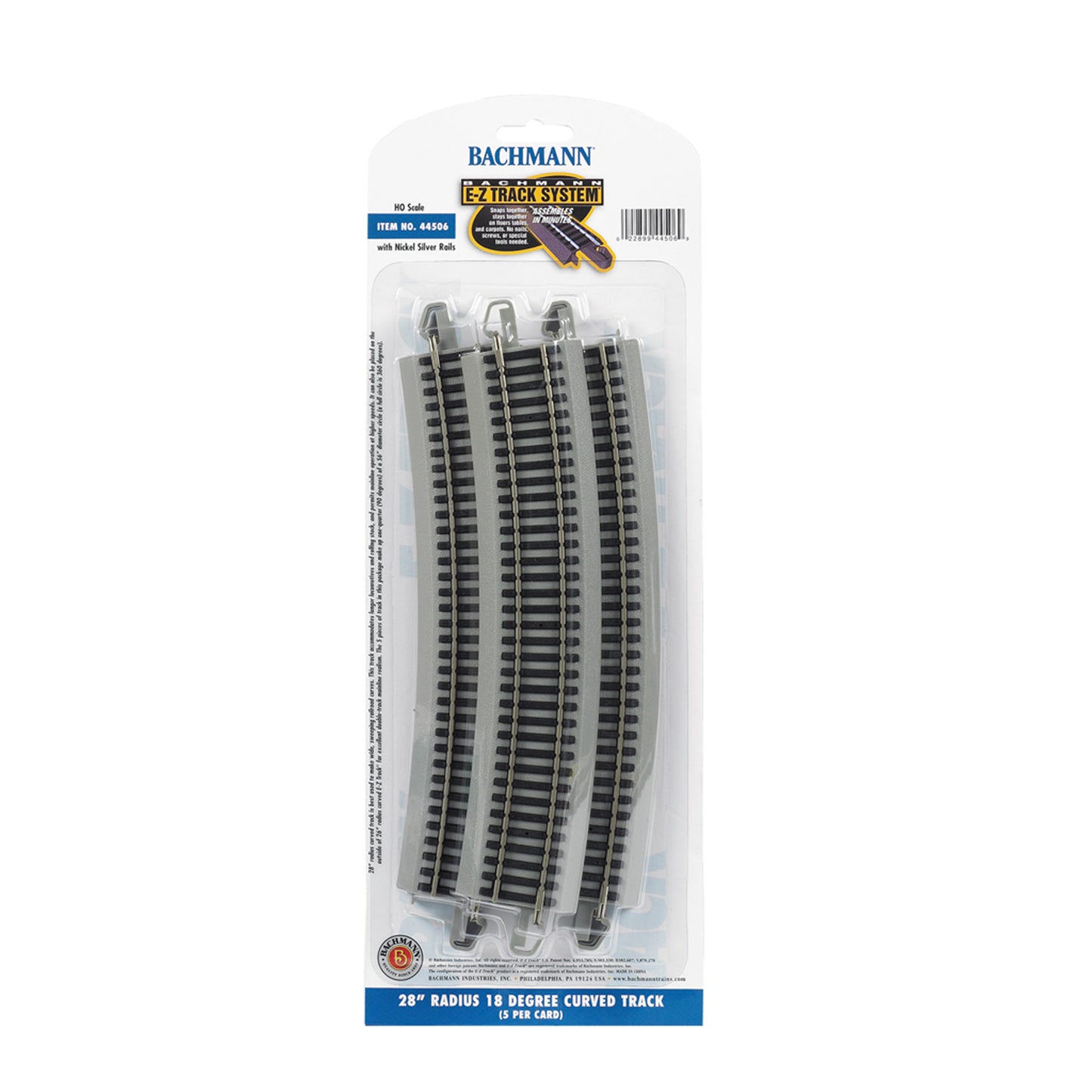 Bachmann 44506 HO E-Z Track 28" Radius 18 Degree Curved Track, Code 100 Nickel Silver 5pk