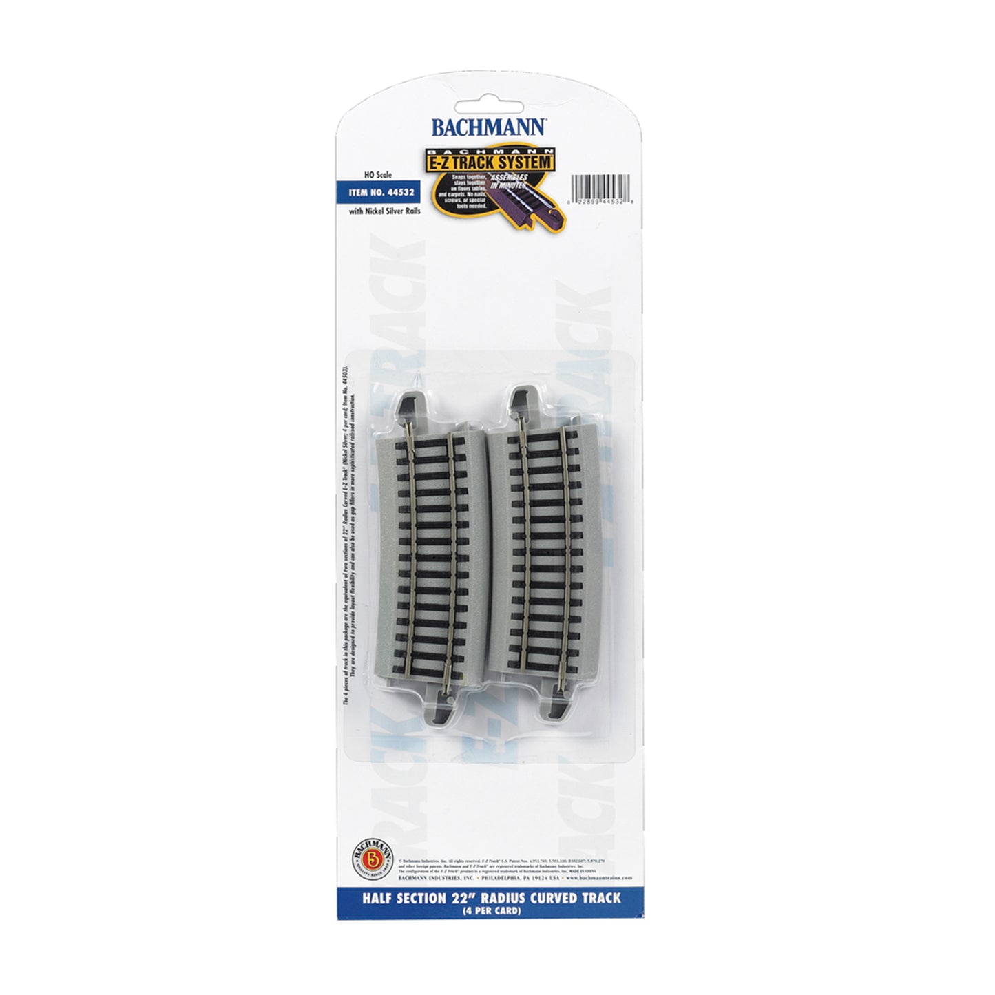 Bachmann 44532 HO E-Z Track 22" Radius Curved Track Half Segment, Code 100 Nickel Silver 4pk (Discolored Package NOS)