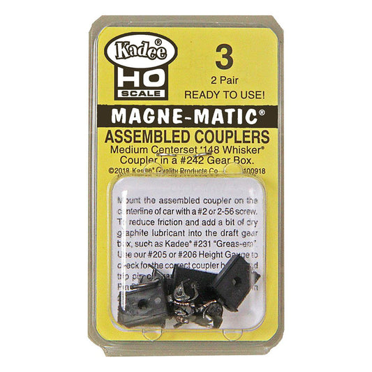 Kadee 3 HO Assembled #148 Whisker® Metal Couplers, Medium (9/32") Centerset Shank, 2 Pair