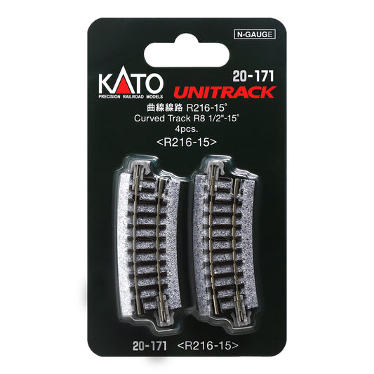 Kato N 20-171 Unitrack Curved Track 216mm (8-1/2") Radius 15-degree segment, 4pc