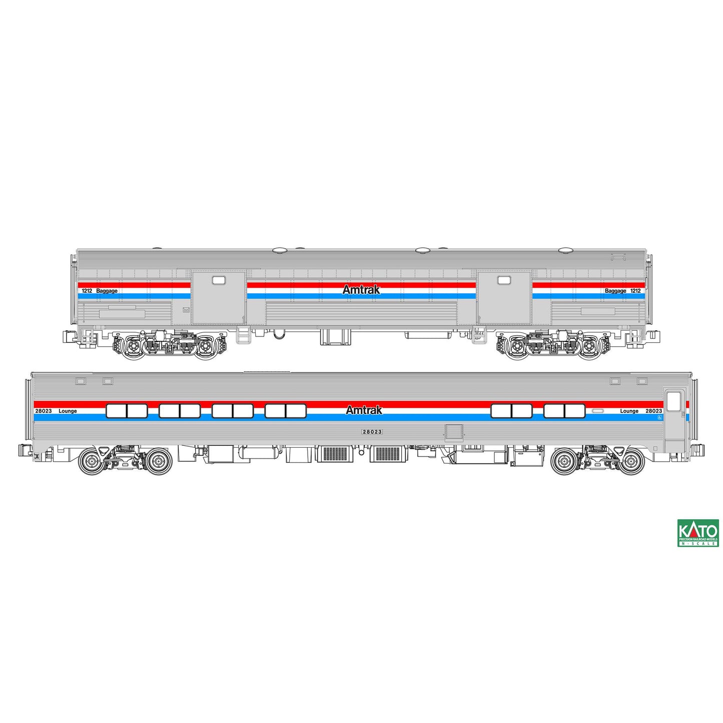Kato N 106-6294 Amfleet II Lounge/Cafe and Heritage Baggage Car 2 Piece Set (Amtrak Phase III)