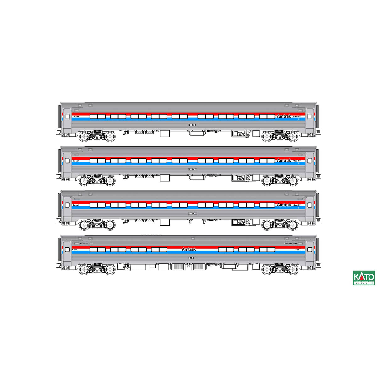 Kato N 106-8020 Amfleet I Coach and Lounge/Cafe 4 Piece Bookcase Set (Amtrak Phase III)