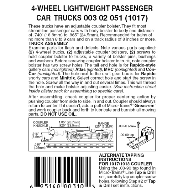 Micro-Trains 00302051 N 4-Wheel Lightweight Passenger Car Trucks #1017 with adjustable couplers, 1 pair