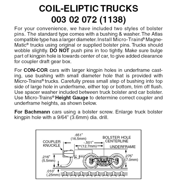 Micro-Trains 00302072 N Coil-Elliptic Trucks #1138 with medium couplers, 1 pair