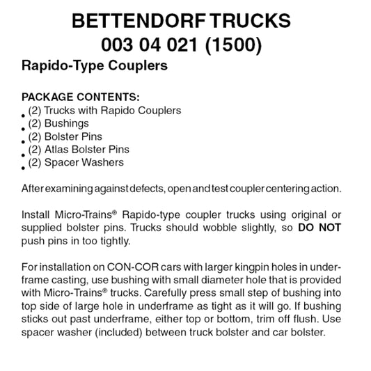 Micro-Trains 00304021 N Bettendorf Trucks #1500 with Rapido-type couplers, 1 pair