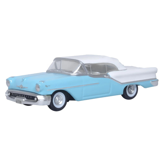 Oxford Diecast 87OC57002 HO 1957 Oldsmobile 88 Convertible Roof Up, Banff Blue/Alcan White