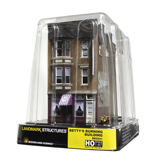 Woodland Scenics Landmark Structures BR5051 HO Betty's Burning Building - Assembled w/ LED Lighting and Flickering Fire Effects