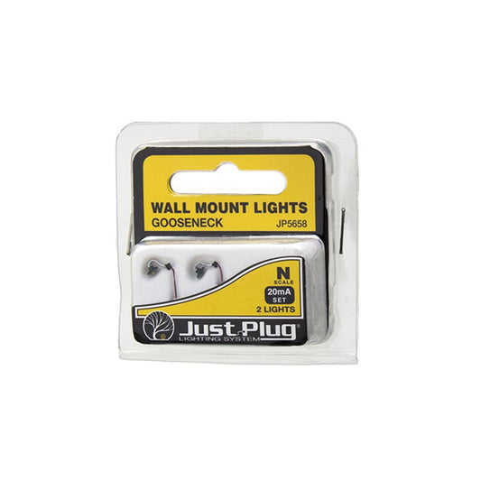 Woodland Scenics JP5658 N Just Plug® Lighting System Gooseneck Wall Mount Lights, 2pk