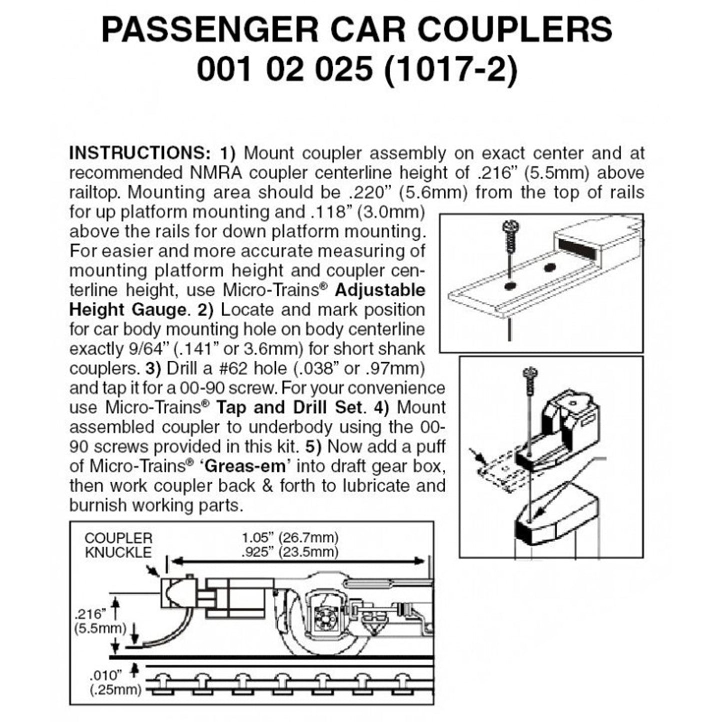 Micro-Trains 00102025 N Passenger Car Couplers #1017-2, 2 Pair