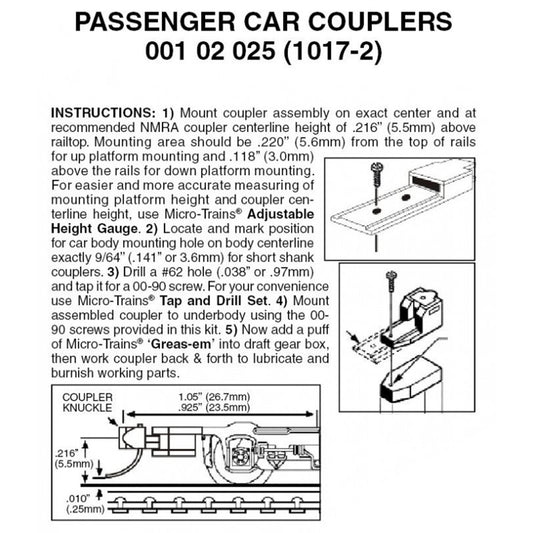 Micro-Trains 00102025 N Passenger Car Couplers #1017-2, 2 Pair