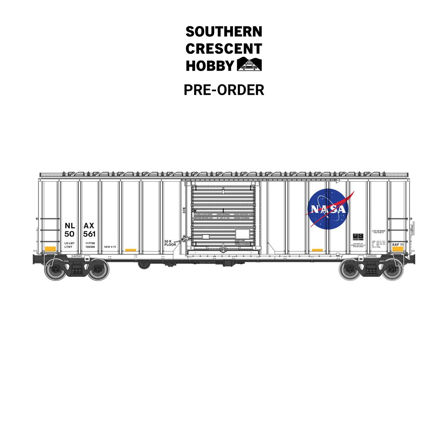 [PREORDER] Walthers Mainline 910-3807 HO 50' Rocket Train Buffer Box Car, NASA (NLAX) #50561