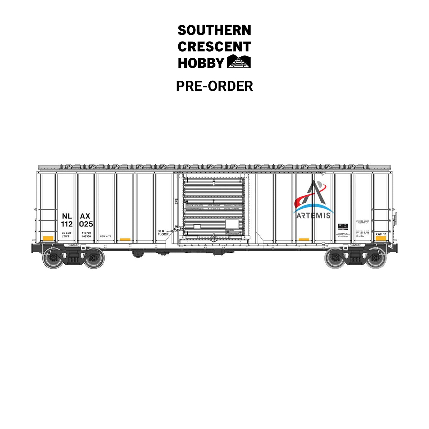 [PREORDER] Walthers Mainline 910-3811 HO 50' Rocket Train Buffer Box Car, Artemis (NLAX) #112025