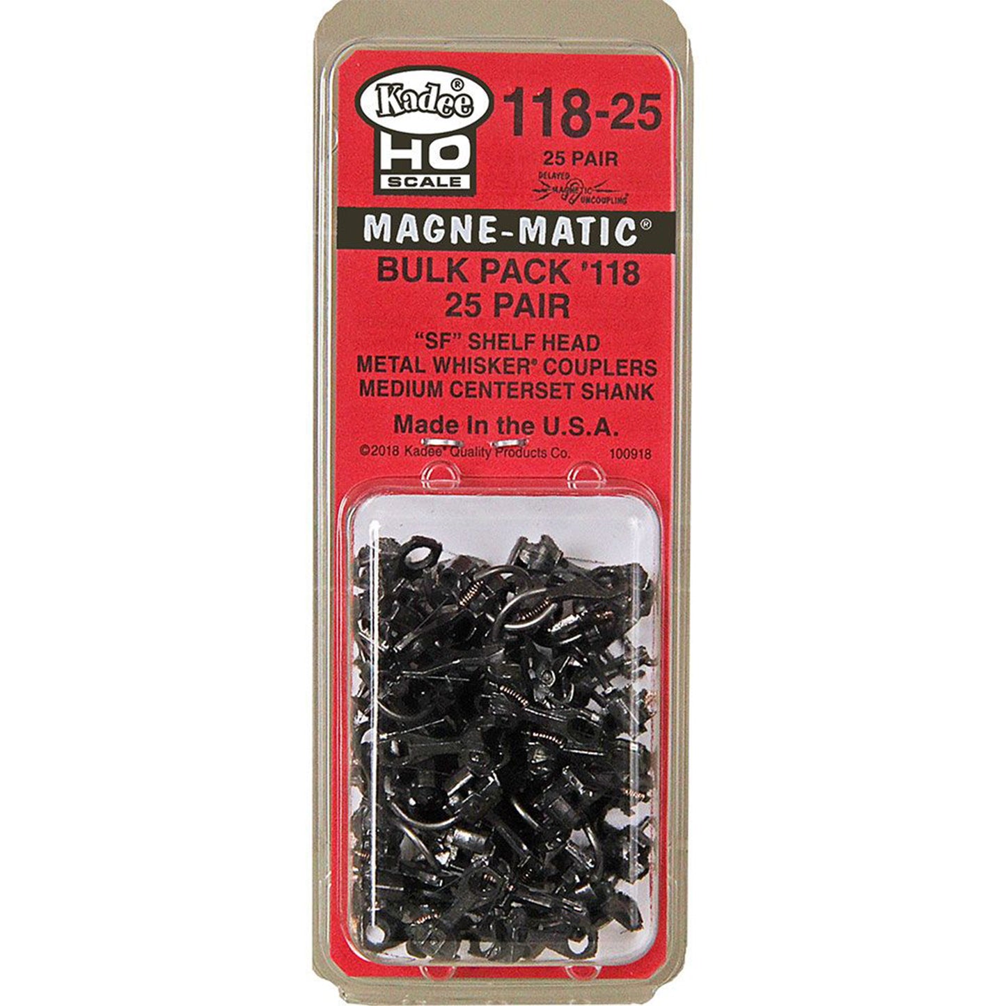 Kadee #118-25 HO Scale Bulk Pack - 25 pair #118 SF Shelf Whisker Metal Couplers - Medium (9/32") Centerset Shank