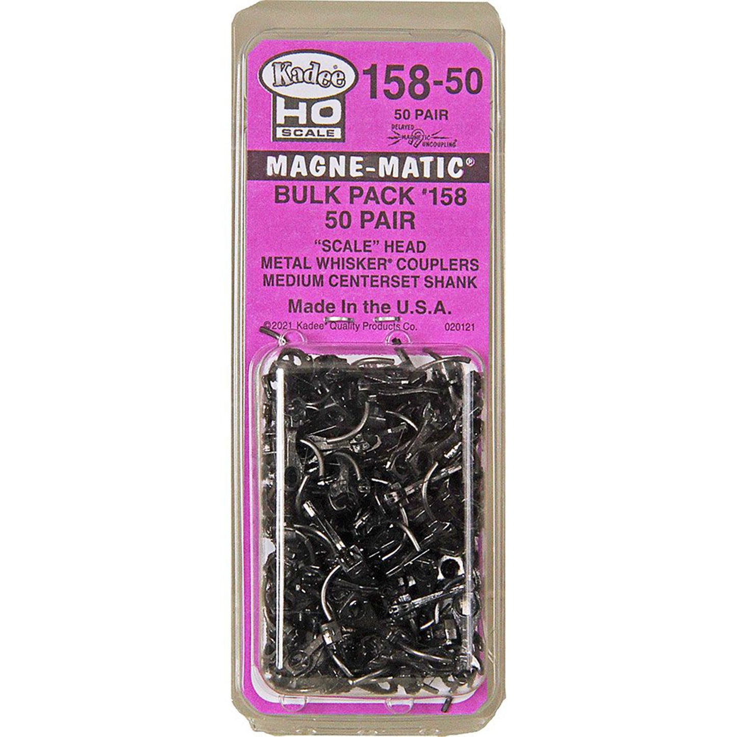Kadee #158-50 HO Scale Bulk Pack - 50 pair #158 Scale Whisker® Metal Couplers - Medium (9/32) Centerset Shank"