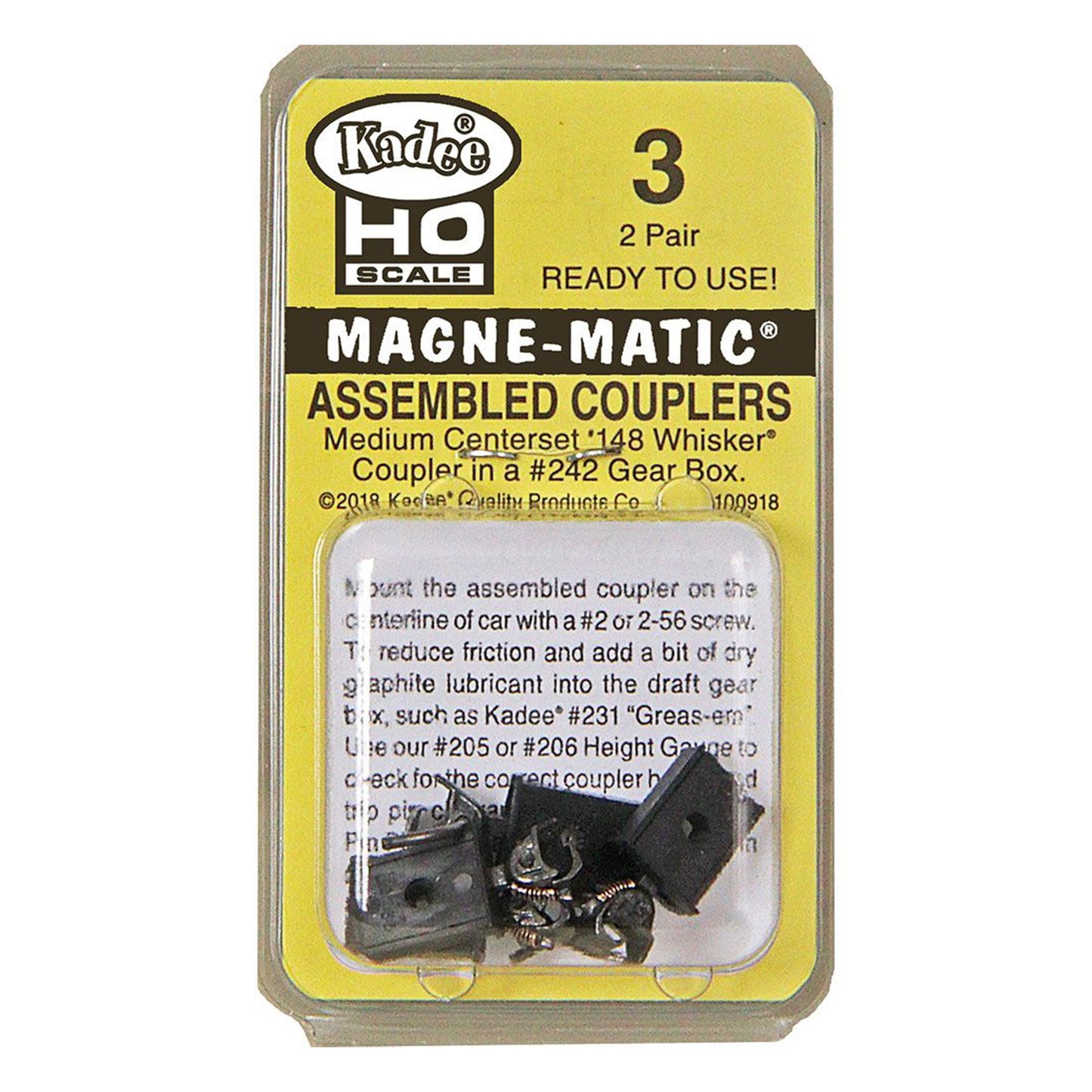 Kadee 3 HO Assembled #148 Whisker® Metal Couplers, Medium (9/32") Centerset Shank, 2 Pair