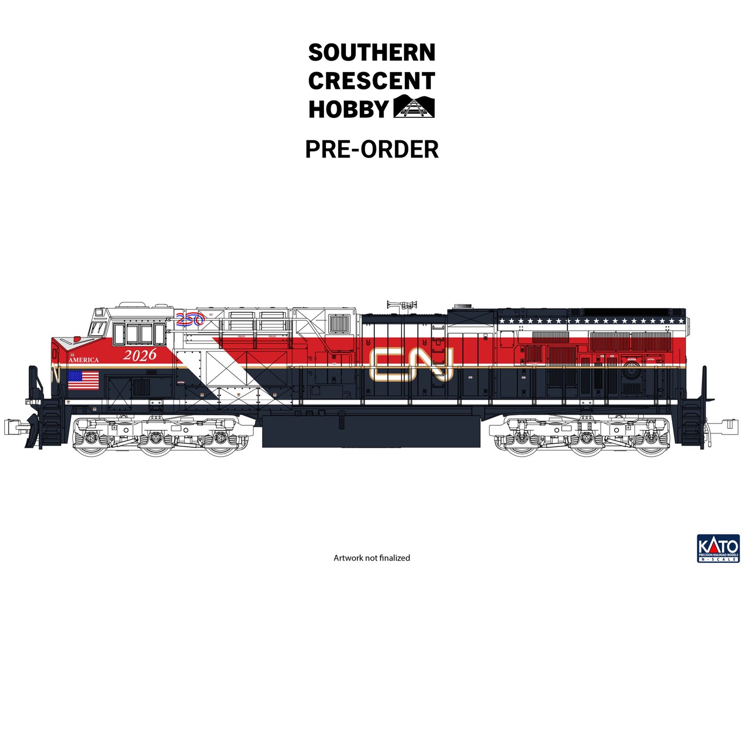 [PREORDER] Kato 176-2026S N GE ES44AC "GEVO", Canadian National #2026 America 250 "Air Force One" Scheme (DCC + Sound Equipped)