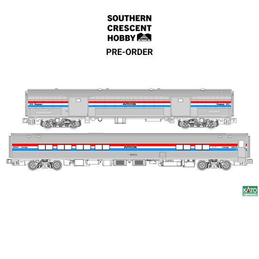 [PREORDER] Kato N 106-6294 Amfleet II Lounge/Cafe and Heritage Baggage Car 2 Piece Set (Amtrak Phase III)