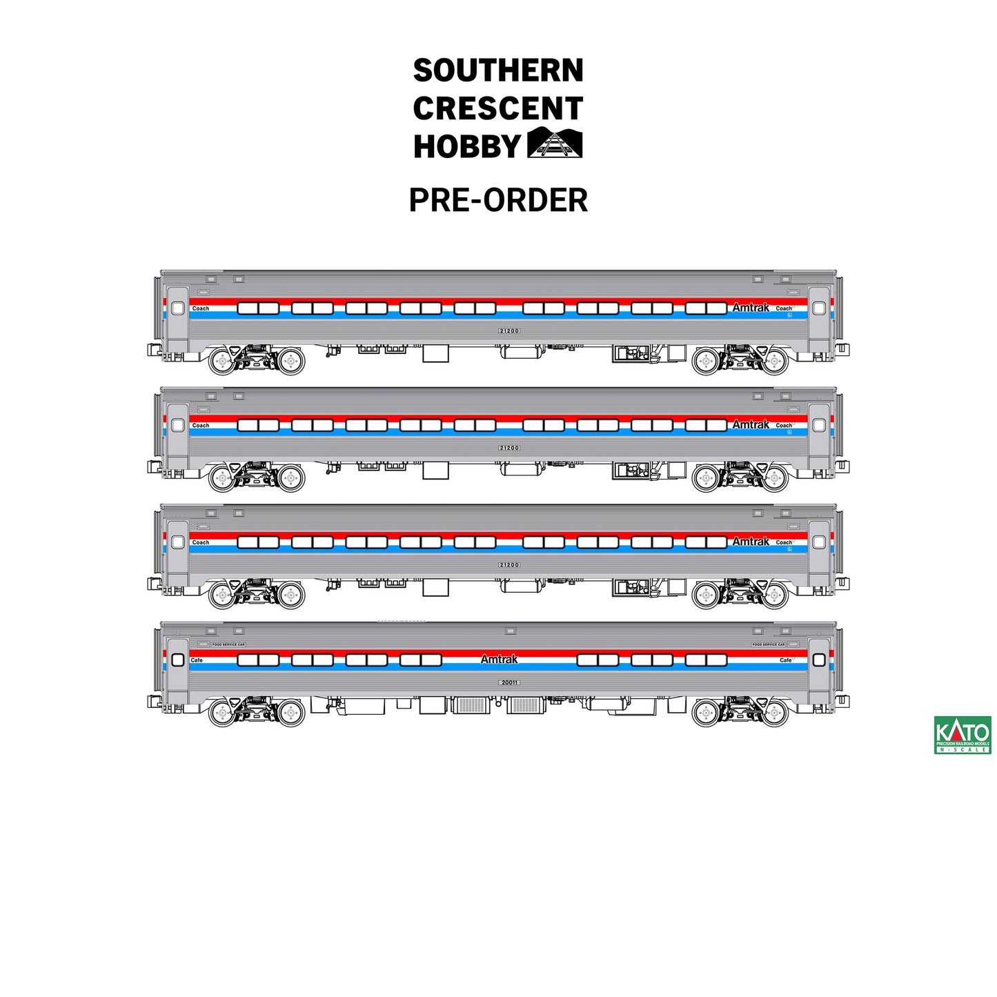 [PREORDER] Kato N 106-8020 Amfleet I Coach and Lounge/Cafe 4 Piece Bookcase Set (Amtrak Phase III)
