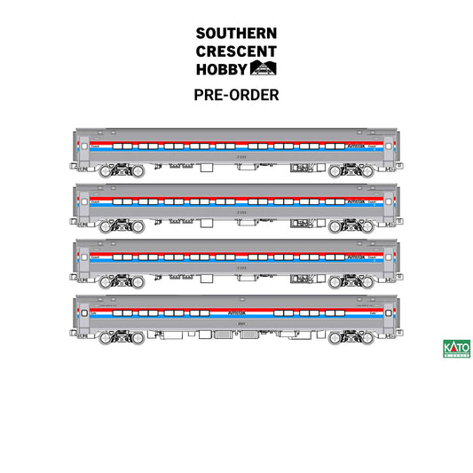 [PREORDER] Kato N 106-8020 Amfleet I Coach and Lounge/Cafe 4 Piece Bookcase Set (Amtrak Phase III)