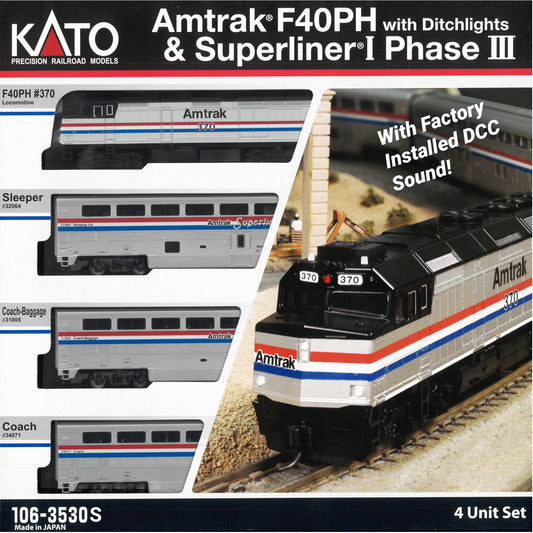 Kato 106-3530S N F40PH w/ Ditch Lights & 3 Superliner I Cars, Amtrak Phase III (DCC Sound Equipped)