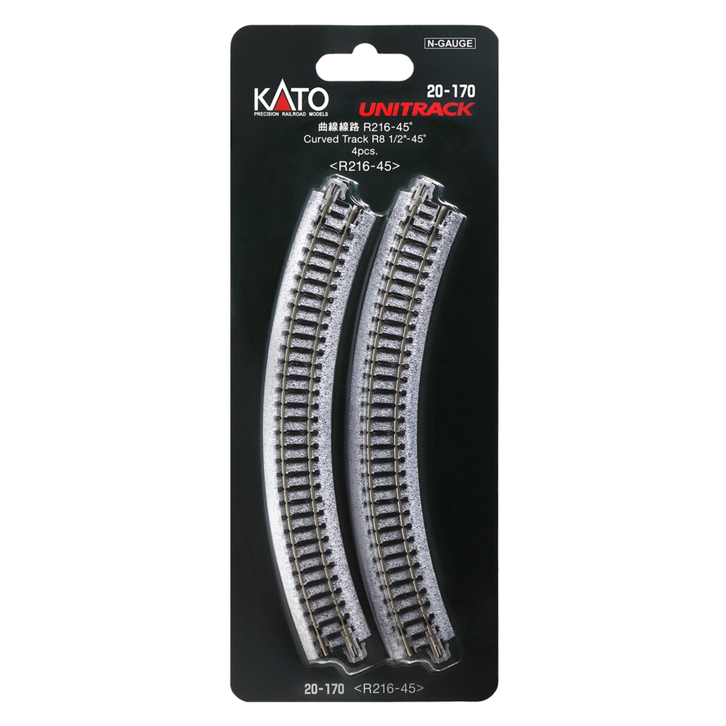 Kato N 20-170 Unitrack Curved Track 216mm (8-1/2") Radius 45-degree segment, 4pc