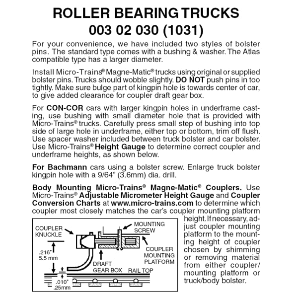 Micro-Trains 00302030 N Roller Bearing Trucks #1031 without couplers, 1 pair