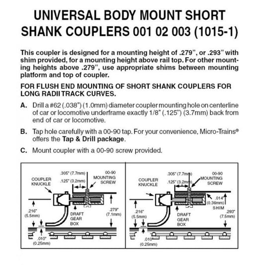 Micro-Trains 00102003 N Universal Body Mount Short Shank Couplers #1015-1, 2 Pair