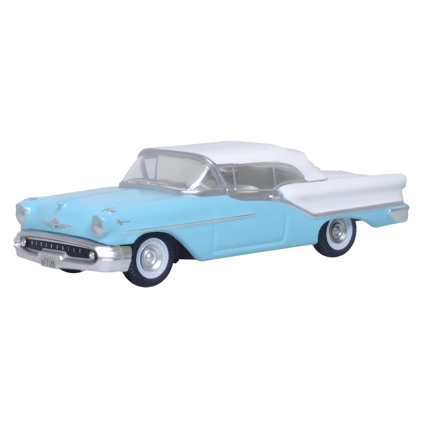 Oxford Diecast 87OC57002 HO 1957 Oldsmobile 88 Convertible Roof Up, Banff Blue/Alcan White