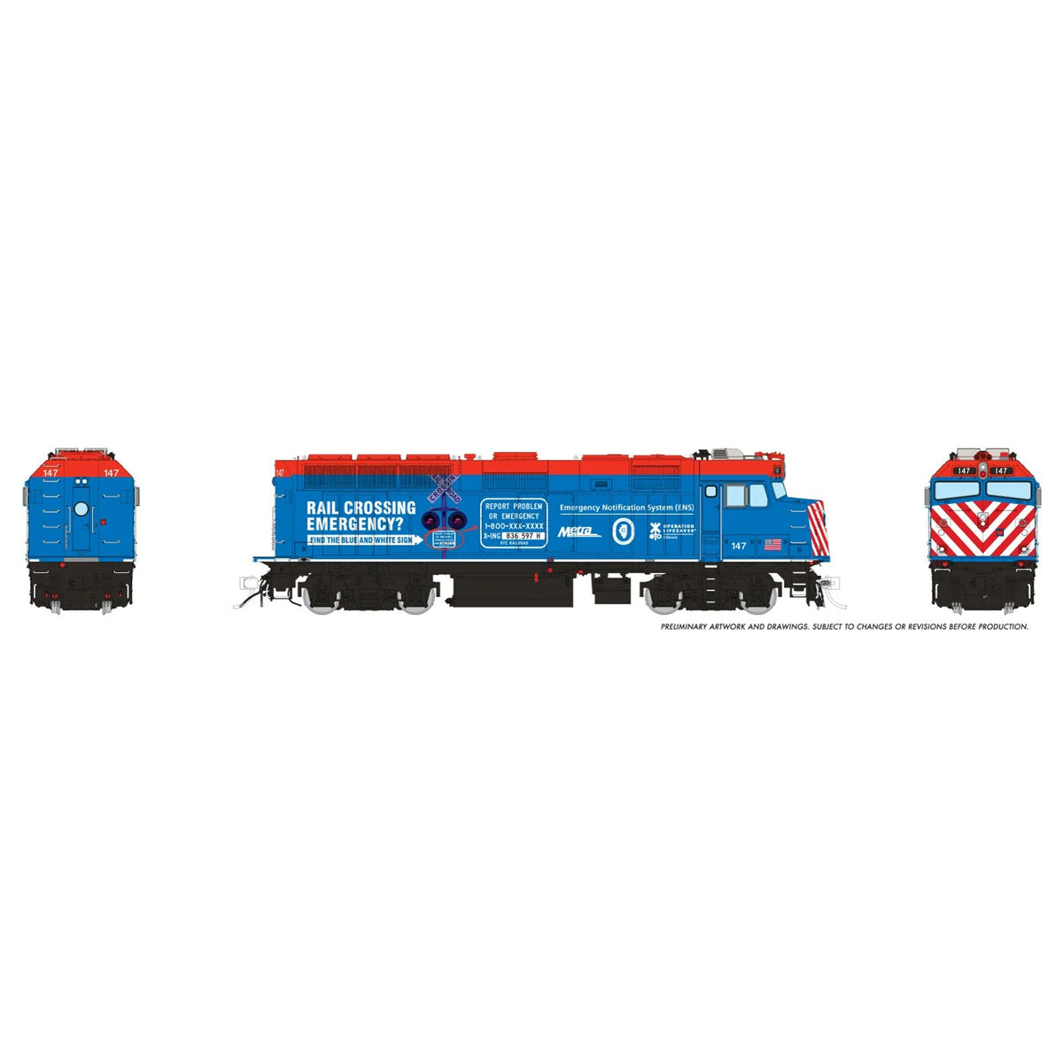 [PREORDER] Rapido 1043027 HO EMD F40PH-3, Metra (Operation Lifesaver) #147 (DC Silent)