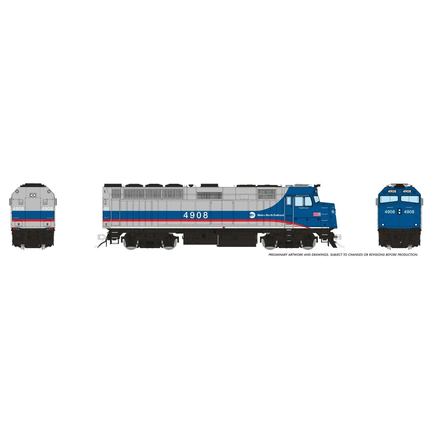 [PREORDER] Rapido 1043054 HO EMD F40PH-3C, Metro-North (Blue/Red/Silver) #4908 (DC Silent)