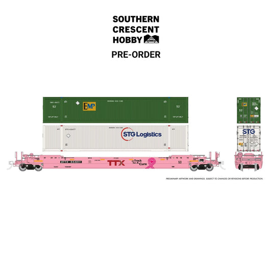 [PREORDER] Rapido 1132001 HO 53' Husky-Stack Well Car + 2 Containers (TTX "On Track for a Cure", #475412)