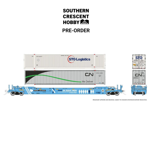 [PREORDER] Rapido 1132002 HO 53' Husky-Stack Well Car + 2 Containers (RPDX "Prostate Cancer Awareness", #654685)