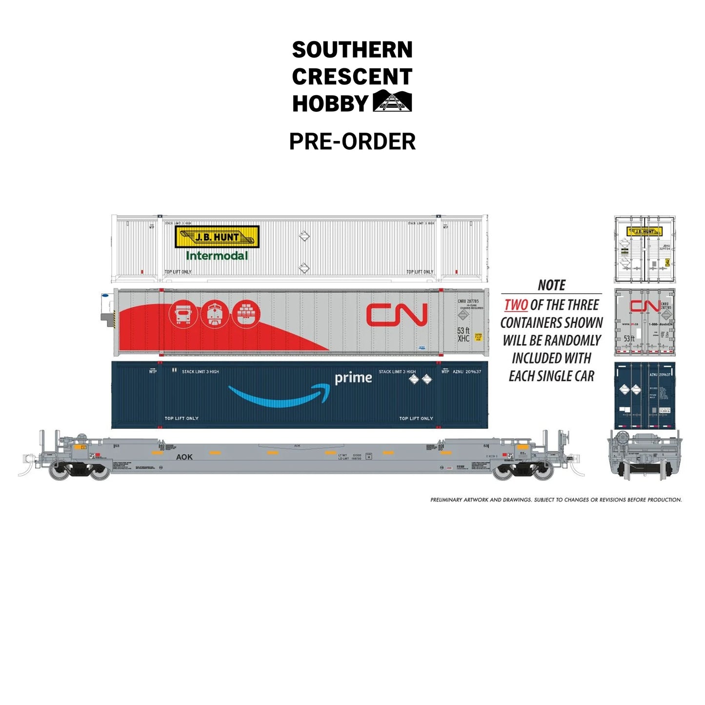 [PREORDER] Rapido 1132003 HO 53' Husky-Stack Well Car + Containers, 3-Pack AOK #2