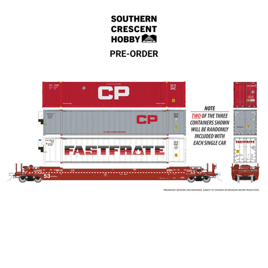 [PREORDER] Rapido 1132004A HO 53' Husky-Stack Well Car + Containers, Single Car CP #2