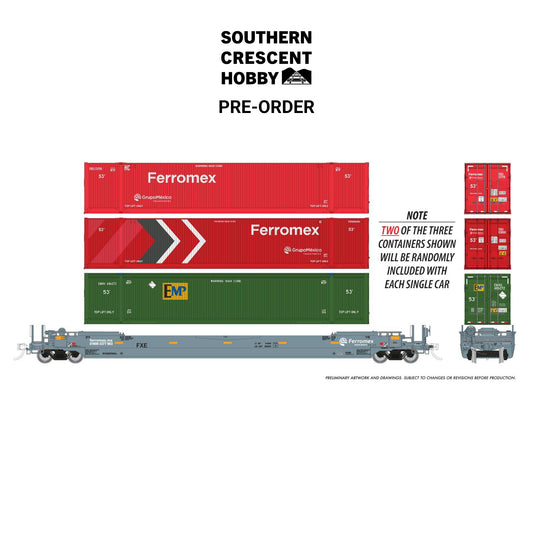[PREORDER] Rapido 1132005 HO 53' Husky-Stack Well Car + Containers, 3-Pack Ferromex #2