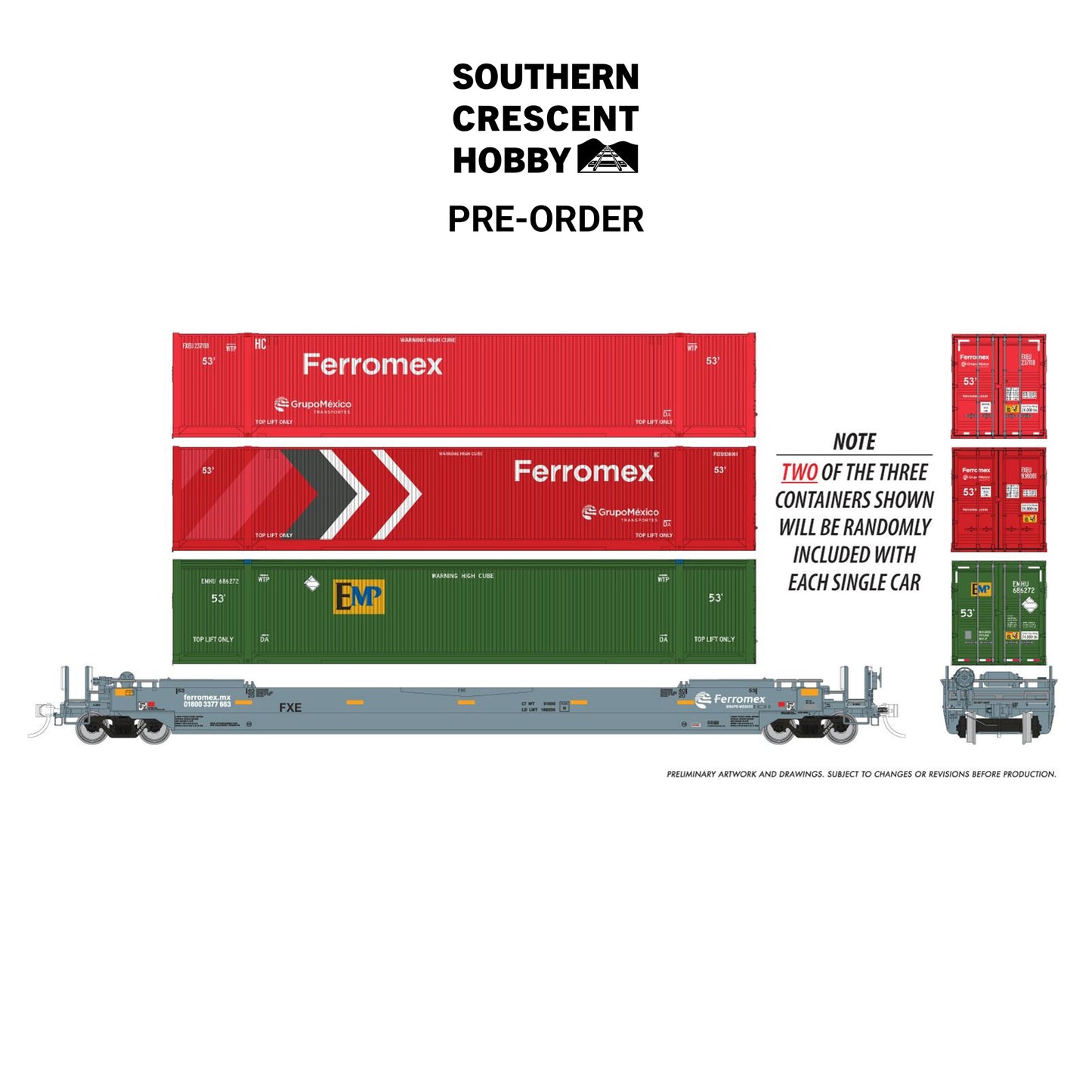 [PREORDER] Rapido 1132005A HO 53' Husky-Stack Well Car + Containers, Single Car Ferromex #2