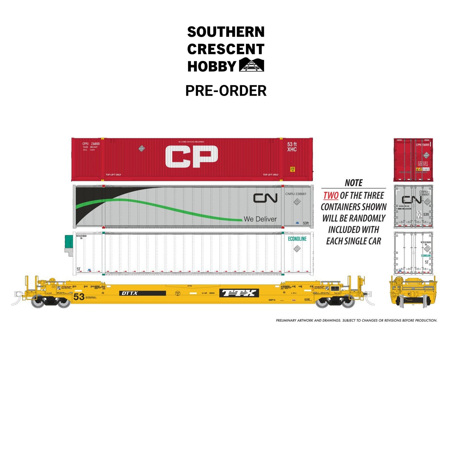 [PREORDER] Rapido 1132007 HO 53' Husky-Stack Well Car + Containers, 3-Pack TTX (CAN)