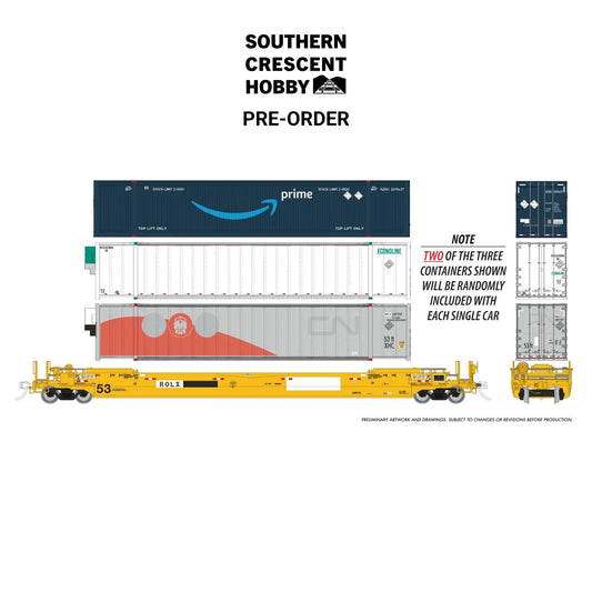 [PREORDER] Rapido 1132009A HO 53' Husky-Stack Well Car + Containers, Single Car ROLX