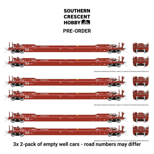[PREORDER] Rapido 1132502 HO 53' Husky-Stack Well Car Only, 3x 2-Pack Canadian Pacific #2