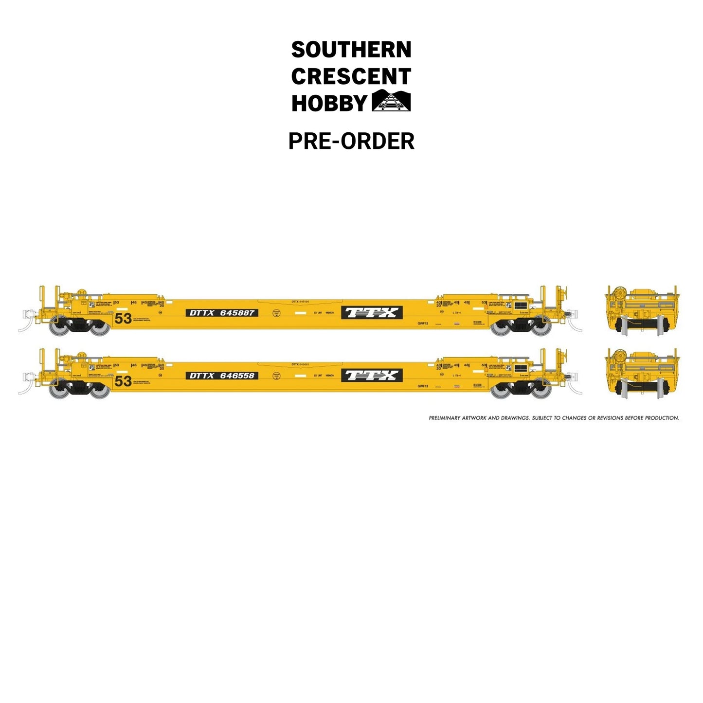 [PREORDER] Rapido 1132504A HO 53' Husky-Stack Well Car Only, 2-Pack TTX As-Delivered #2
