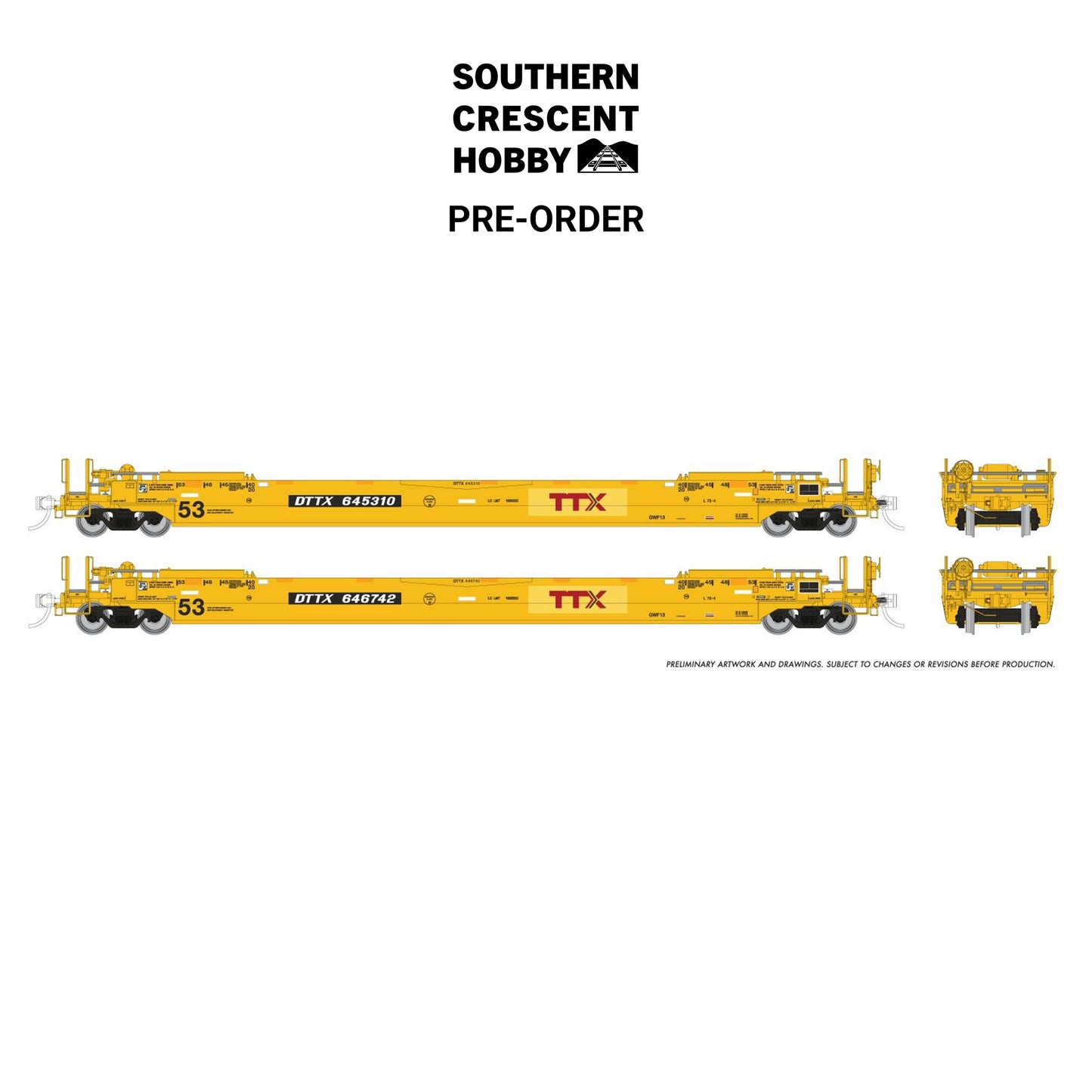 [PREORDER] Rapido 1132505A HO 53' Husky-Stack Well Car Only, 2-Pack TTX Patched Logo #2