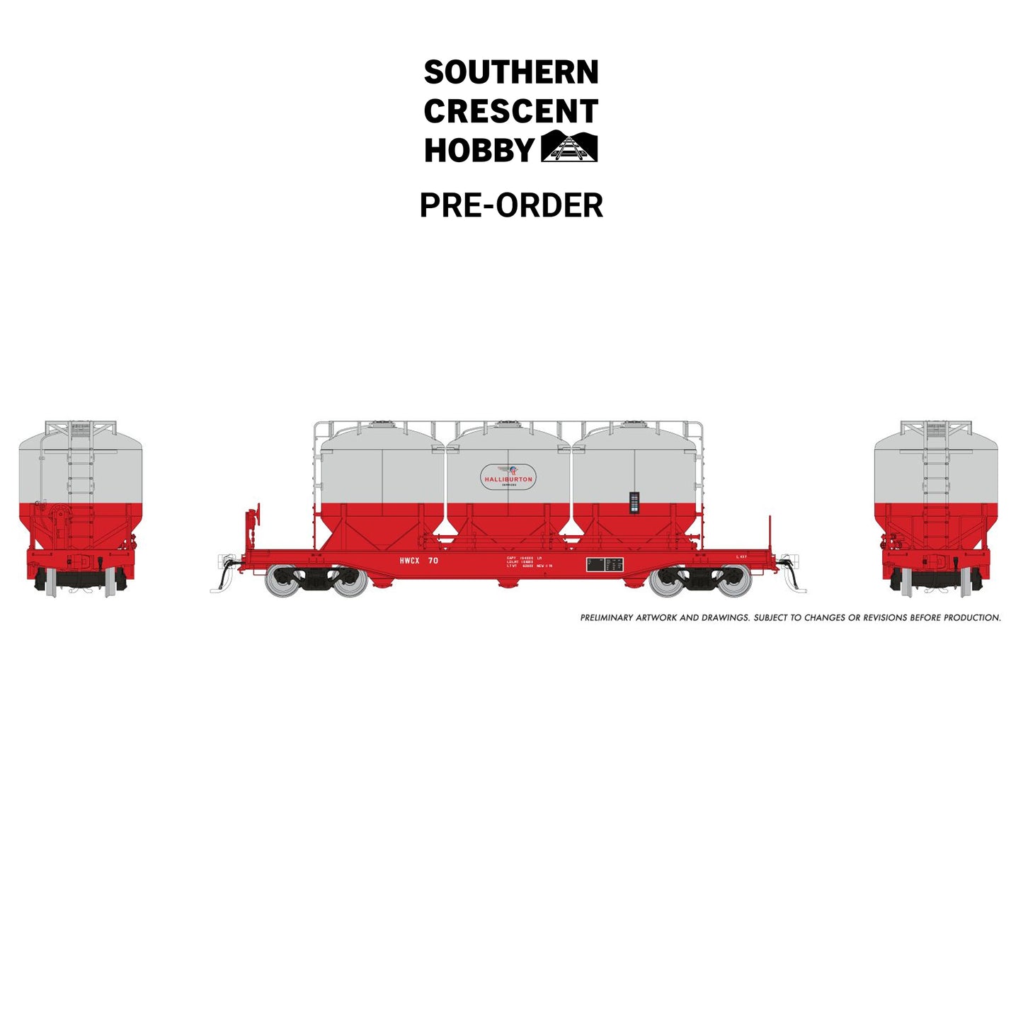 [PREORDER] Rapido 224002 HO Halliburton Pneumatic Rail Car 6-Pack, 1970s Era Scheme