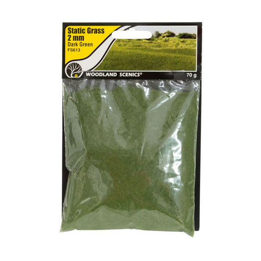 Woodland Scenics FS613 Static Grass, 2mm Dark Green 70g