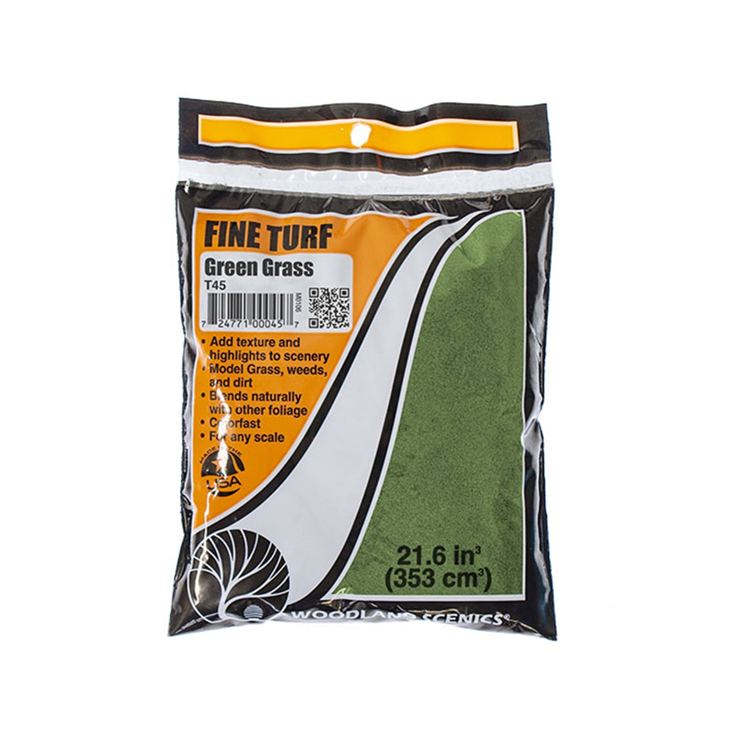 Woodland Scenics T45 Fine Turf, Green Grass 21.6 in³ Bag